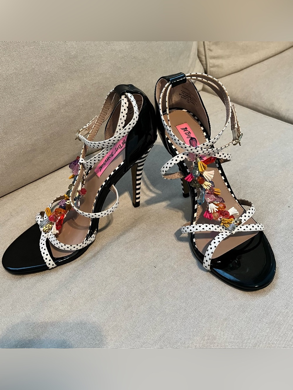 Betsey Johnson Black Patent Polka Dot Strap Jeweled High Heels